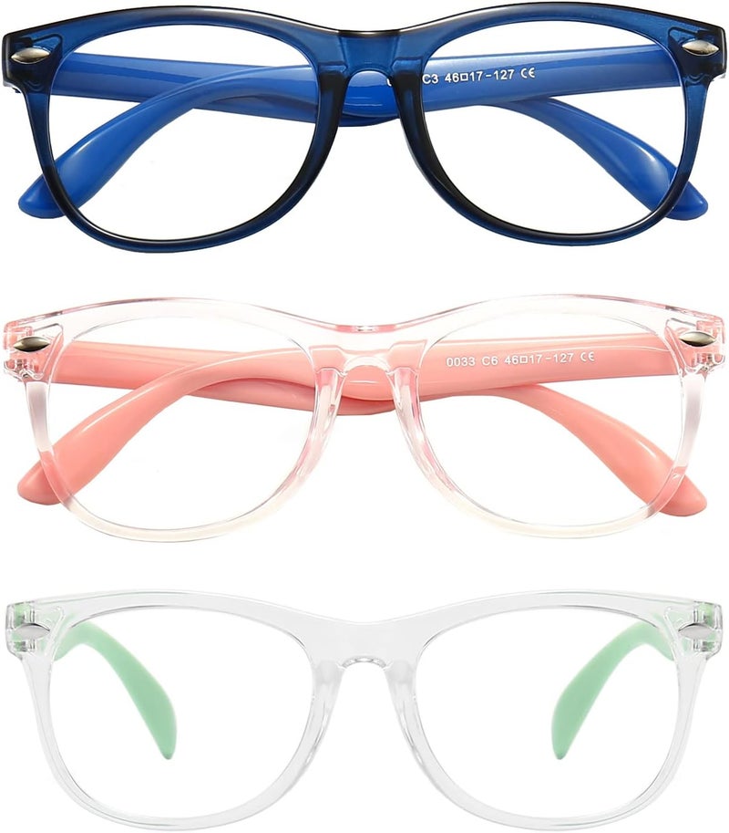 FANNYGO Store 3 Pack kids Blue Light Blocking Glasses For Girls And Boys Computer Blue Light Blocking Glasses For Age 3-9 (Dark blue + Light pink +Light green) - Image 3